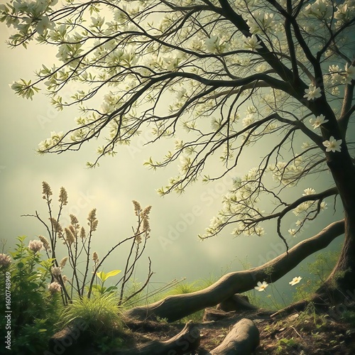 Blossoming Tree with Delicate Flowers Overlooking a Tranquil Water Surface