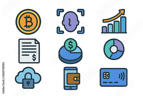 Digital currency and financial technology icons representing modern finance trends and transactions
