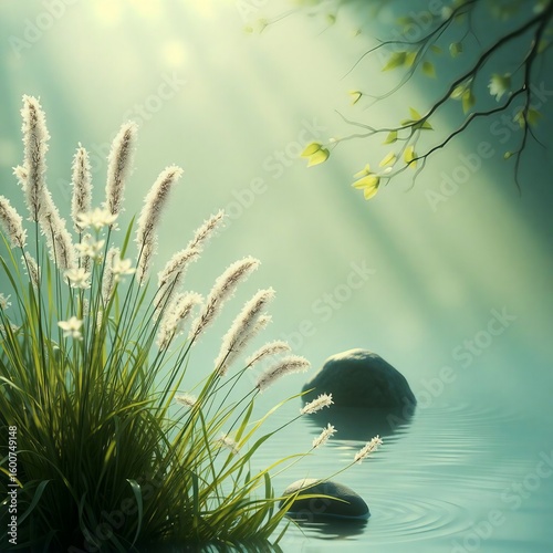 Serene Water Scene with Lush Grasses and Gentle Sunlight Illuminating Rocks