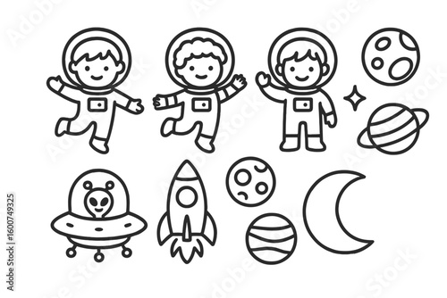 Children in space suits exploring planets and moons with a rocket during a playful activity in a creative setting