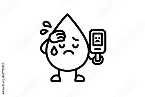 Creative illustration of a worried water droplet checking a device in an uncertain moment