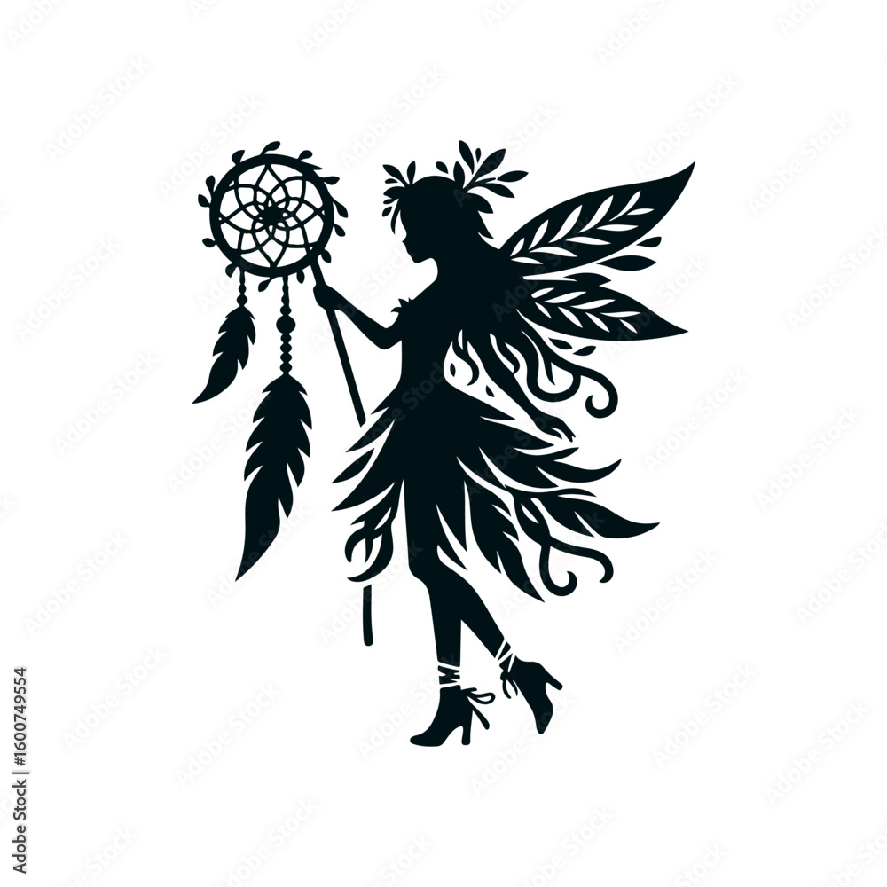 Fototapeta premium Silhouette of a mystical fairy with delicate wings holding a dreamcatcher adorned with feathers