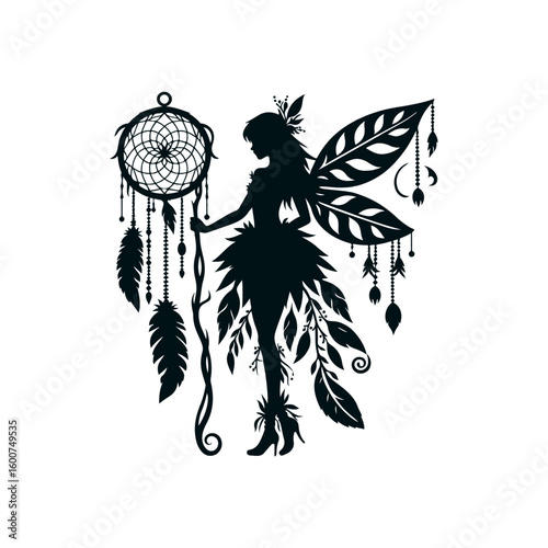 Mystical silhouette of a fairy holding a dreamcatcher with feathers and leaves on a white background