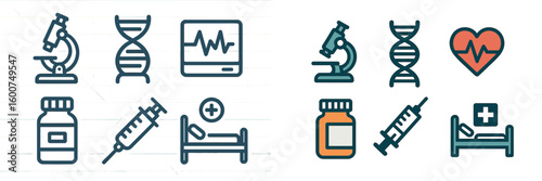 Medical symbols representing healthcare, biology, and patient care with various tools and icons used in medicine and research settings