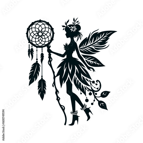 Silhouette of a mystical fairy with wings holding a dreamcatcher adorned with feathers and leaves