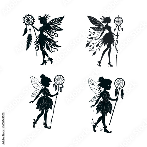 Four silhouette illustrations of fairies holding dreamcatchers with flowing hair and wings on white background