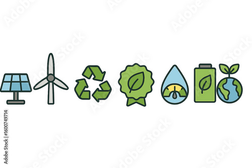 Icons representing renewable energy, sustainability, and environmental conservation displayed in a colorful arrangement in a modern design