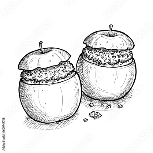 Baked Apples with Oat Crumble, monochrome vector sketch. Healthy autumn dessert, comfort food concept. For food blogs, recipe apps, seasonal menus