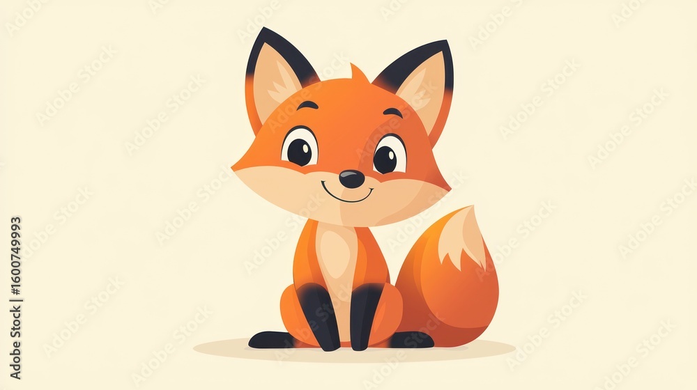 Obraz premium Cute cartoon fox sitting, cheerful expression, simple background, kids image