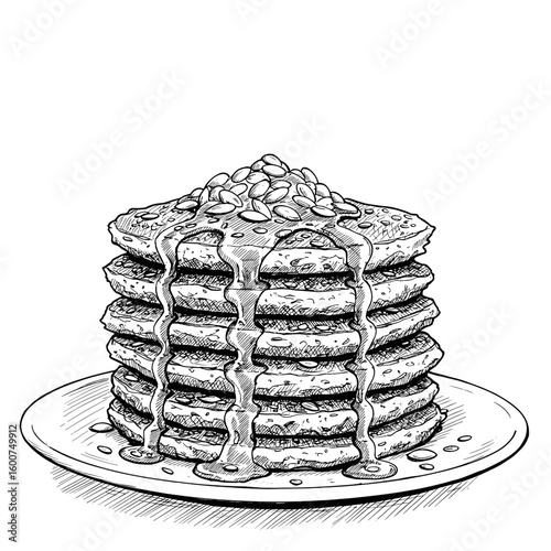 Oat Pancakes with Seeds and Pumpkin Syrup, monochrome vector sketch. Healthy autumn breakfast, comfort food concept. For food blogs, recipe apps, breakfast menus