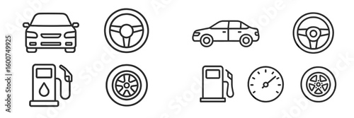 Car related icons illustrating various features of vehicles and fueling elements in a simple design style