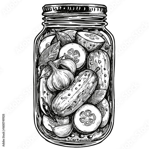 Pickled Cucumbers and Garlic in Jar with Chili Peppers, monochrome vector line art. Homemade preserves, autumn harvest concept. For food blogs, canning guides, grocery promotions