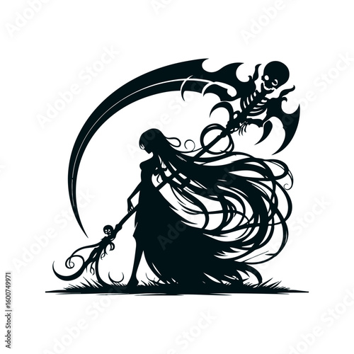 Mysterious silhouette of a grim reaper with flowing hair and a large scythe against a white background