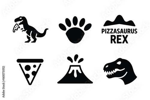 Dinosaur eating pizza paw print volcano and text vector