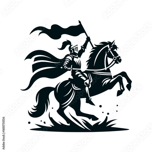 Powerful medieval knight in full armor riding a rearing horse holding a flowing banner