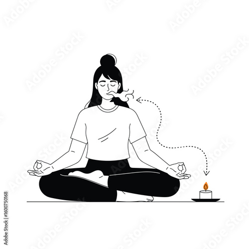 Mindful breathing exercise practiced by woman in meditation pose focusing on candle flame to improve mental wellbeing