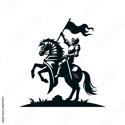 Powerful medieval knight in full armor riding a rearing horse holding a waving flag