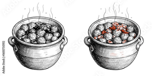 Vegetable Stew Vector Duo. Brussels sprouts and paprika, monochrome outline and color versions. Healthy eating, home cooking concept. For food blogs, recipe apps, diet content