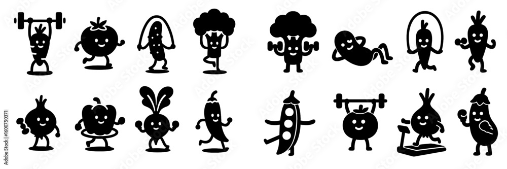 Fun and playful vegetable characters promoting fitness and healthy living in a colorful design Fun and playful vegetable characters promoting fitness and healthy living in a colorful design