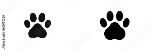 Two black paw prints side by side on a white background showcasing simple animal tracks