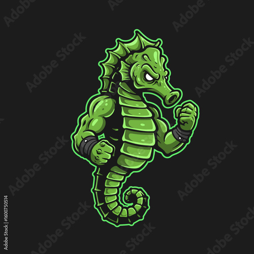A muscular, green seahorse mascot flexing its arms with an angry expression.