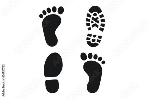 Footprints in the sand and on a trail illustrate a contrast between bare feet and boot prints at a beach at sunset