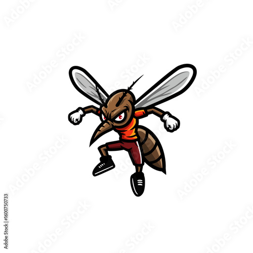 Cartoon mosquito character with angry expression, ready to attack, isolated on white background.