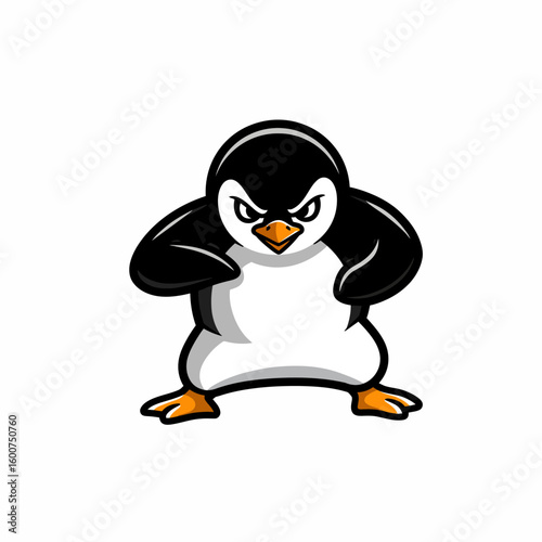 A cartoon penguin stands defiantly, arms akimbo, displaying an angry expression.