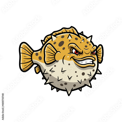 Cartoon illustration of an angry pufferfish with sharp spines and a determined expression, isolated on a white background.