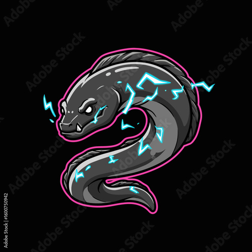 A stylized illustration of an electric eel, highlighted with vibrant colors and bold lines, set against a dark background.