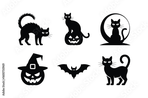 Halloween black cat pumpkin bat witch hat silhouettes vector