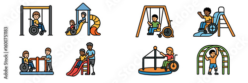 Accessible playground with children enjoying inclusive outdoor activities in a sunny environment