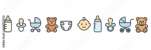 Illustration of baby items including pacifiers, strollers, and teddy bears for parents and caregivers