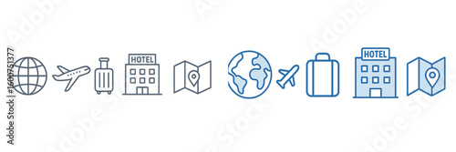 Travel icons representing flight, accommodation, and global exploration for a travel-themed design