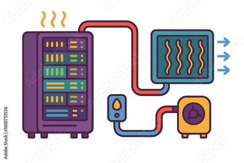 Detailed depiction of a server cooling system with heat exchange equipment and fluid pump illustrating thermal management technology