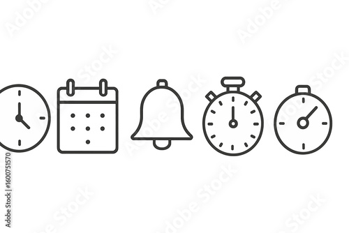 Clock faces, calendar, bell, and stopwatch icons representing time management and scheduling