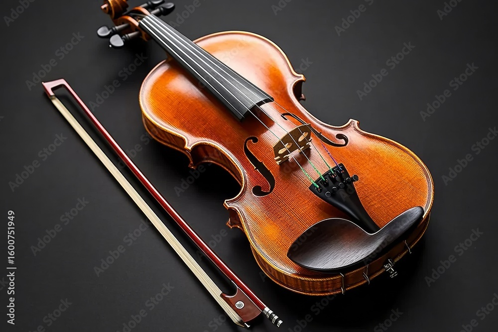 Fototapeta premium A detailed view of a beautifully crafted violin and bow showcases their rich wood tones against a sleek black backdrop, highlighting the artistry and craftsmanship of these musical instruments