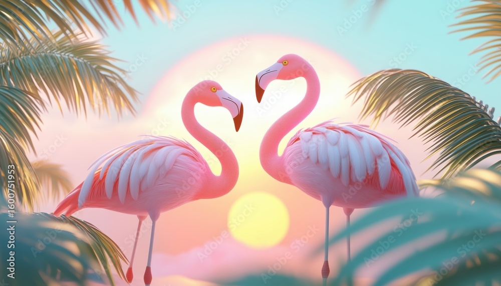 Obraz premium Stunning Pink Flamingos In Sunlight: A Paradise Scene With Two Majestic Flamingos Amidst Palm Trees And Sun. Untamed Beauty Of Nature.