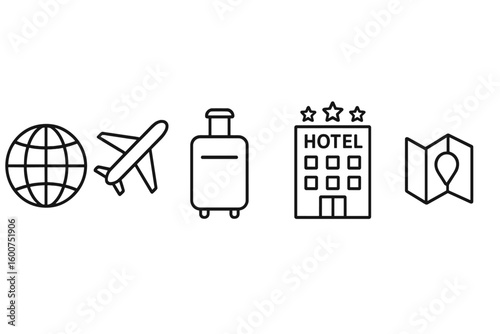 Travel planning essentials including globe, airplane, suitcase, hotel, and map symbols for vacations and adventures