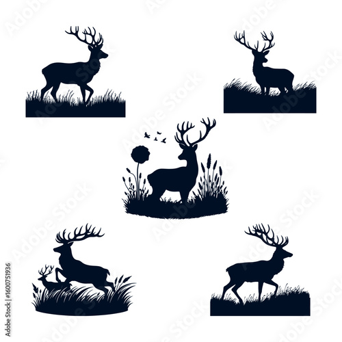 Majestic stag silhouettes in natural habitats showcasing antlers and graceful poses