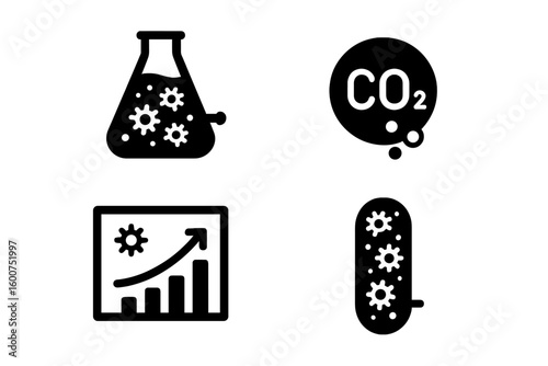 Scientific symbols illustrating research on carbon dioxide emissions and microbiological growth trends in laboratory settings