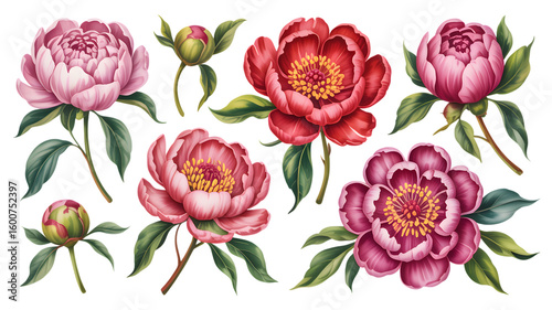 Vibrant Peonies Watercolor Floral Collection for Design Projects isolated on transparent background
