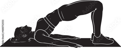 A high-contrast black silhouette illustration of a fit woman performing a glute bridge on a floor mat, showcasing proper workout posture and body alignment.