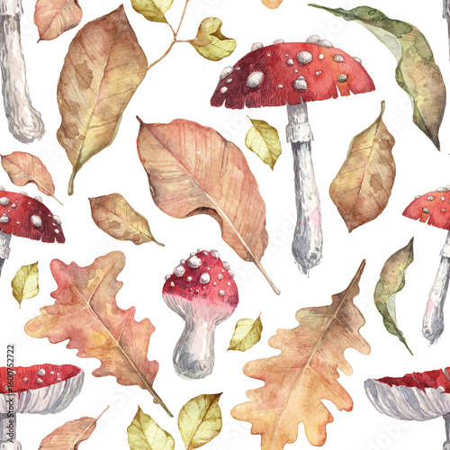Square seamless pattern with red amanita mushrooms and withered golden leaves. Watercolor hand painted herbarium design with shrooms for wrapping paper, wallpapers, textile on transparent background