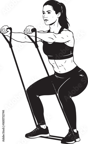 illustration silhouette of a woman performing squats with a resistance band.