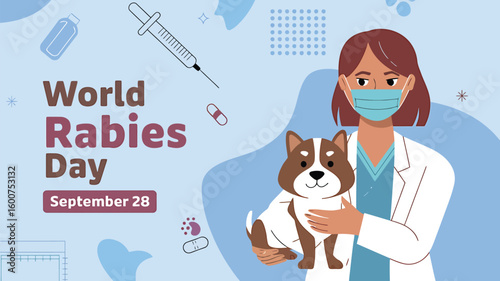 World Rabies Day Awareness Poster Illustration with Dog, Vaccine, Medical Symbols