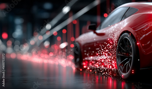 Red sports car sparks in motion at night. A red sports car accelerates down a dark road, leaving trails of sparks and bright lights in its wake during the night.