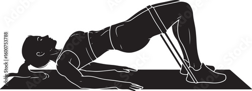A vector illustration silhouette of a woman doing a glute bridge with a resistance band