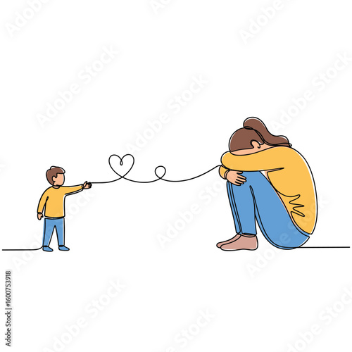 A child reaching out with love to comfort a withdrawn parent a connection of emotional support and care