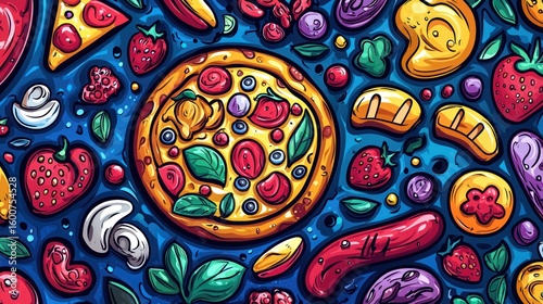 Colorful pizza art with various toppings, vibrant background
